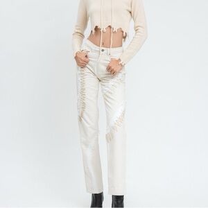 Danielle Guizio Cream Straight Leg Jeans with Stitch Detail